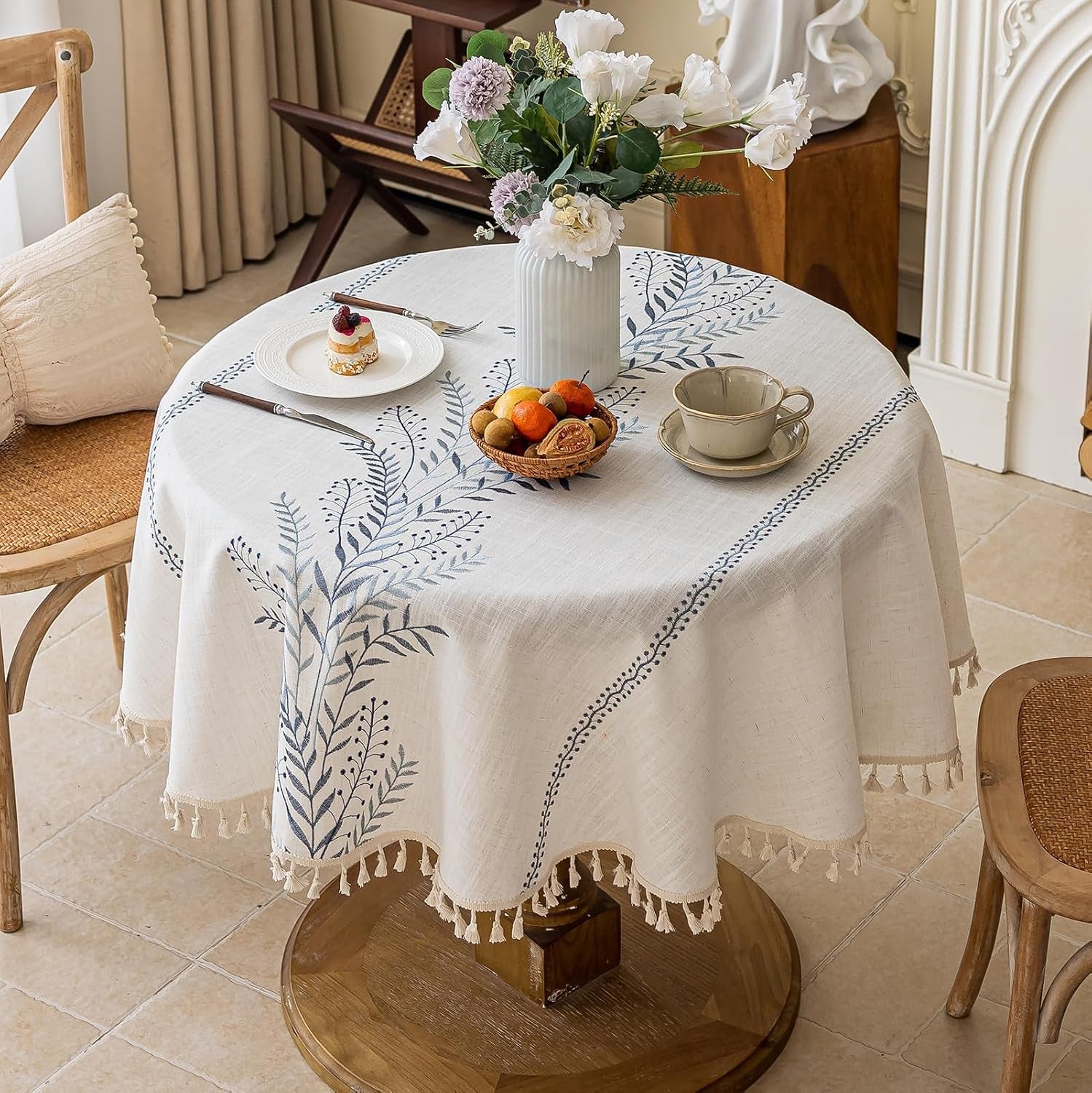 rustic-waterproof-linen-round-tablecloth-heavy-weight-fern-embroidery-table-cloths-for-round-tables-farmhouse-spill-proof-table-covers-with-tassels-blue-55-inch