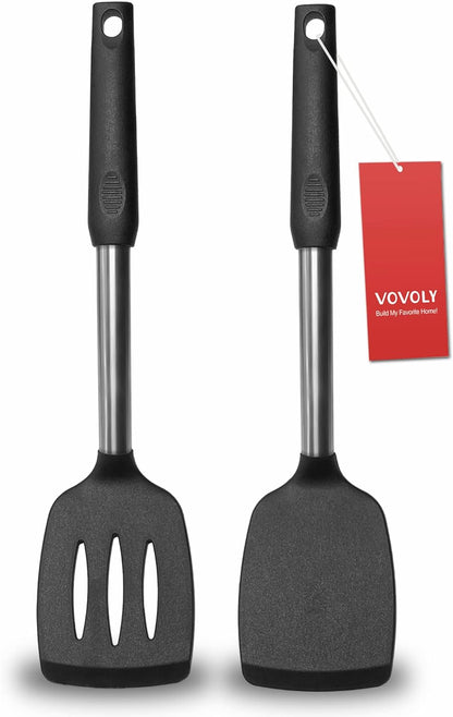 2 Pack Spatulas, Solid & Slotted Silicone Spatula Set, Stainless Steel Handle Coated with Silicone, Non Stick Turners, Heat Resistant Rubber Spatulas for Fish, Eggs, Pancakes, WOK, Black1