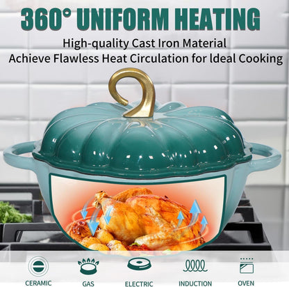 Pumpkin Enameled Cast Iron Dutch Oven with Lid, 4.5 QT Dual Handles and Heavy Duty Pot, Oven Safe up to 500°F for Bread Baking, Braising, Cooking and Family Gifts, Cyan3