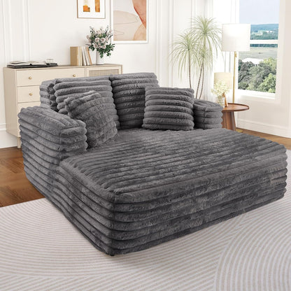 Oversized Chaise Lounge Indoor, Modern Plush Faux Fur Fabric Deep Seat Boneless Memory Foam Sleeper Chaise Lounge Sofa Chair with Pillows for Living Room Bedroom Studio, No Assembly Couch, Grey1