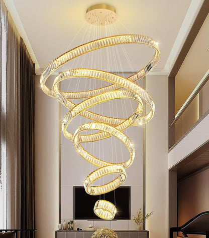 Large Ring Chandelier Modern Crystal Chandeliers for High Ceiling round LED Dimmable Ceiling Light Fixture for Foyer Long Stair Gold 8''+16''+24''+32''+40''+47''1