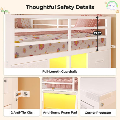 Low Loft Bed Twin Size with Desk, 12 Storage Drawers, Window, White7