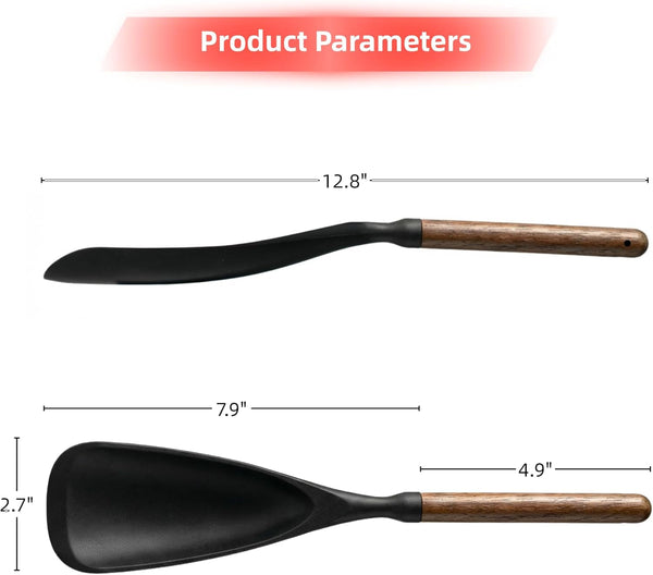 2-Pack Silicone Spoonula with Wooden Handle, Bpa-Free Spatula Spoon for Nonstick Cookware, Heat Resistant Cooking Spoon for Mixing, Scraping, Scooping and Serving(Black)3