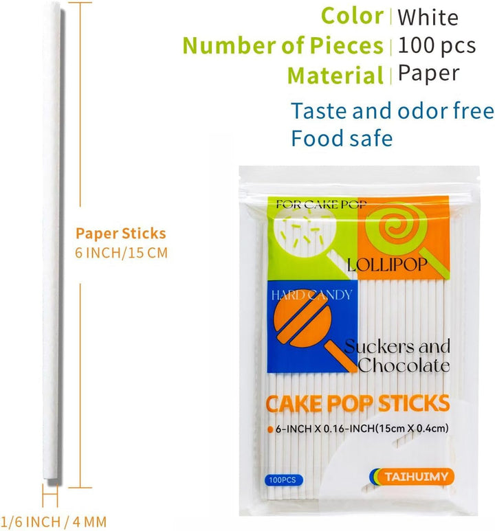 100 Count 6 INCH White Paper Lollipop Sticks,Cake Pop Sticks,Sucker Sticks for Cookies,Rainbow Candy,Chocolate,Cake Topper(Dia 4Mm)+2