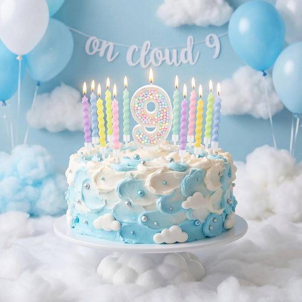 White Macaron Number 9 Birthday Candle with 12 Rainbow Spiral Candles6