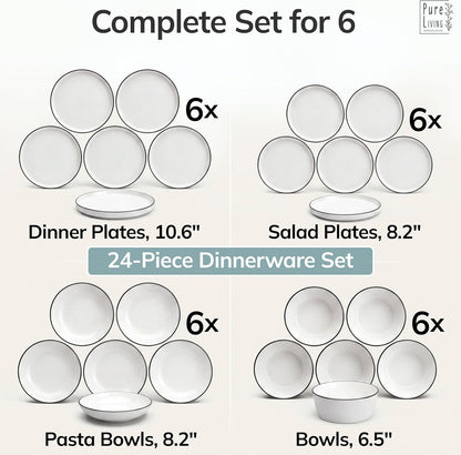 24 Piece White Dinnerware Set for 6, Modern Porcelain Plates and Bowls Set6