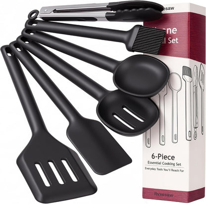 Kitchen Utensils Set 6 Pcs,Silicone Cooking Utensils Set,Spatula Set,446℉ Heat Resistant Cooking Utensils,Tongs,Spoon,Bpa Free Kitchen Gadgets Appliances for Non-Stick Cookware,Home Essential(Black)1