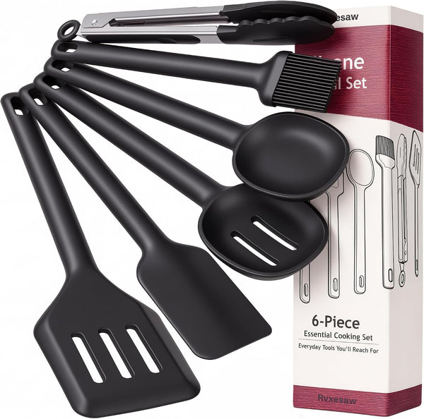 Kitchen Utensils Set 6 Pcs,Silicone Cooking Utensils Set,Spatula Set,446℉ Heat Resistant Cooking Utensils,Tongs,Spoon,Bpa Free Kitchen Gadgets Appliances for Non-Stick Cookware,Home Essential(Black)1