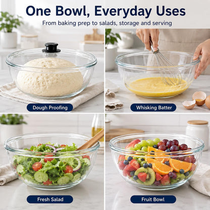 6 QT Large Glass Mixing Bowl with Lid, Clear Thickened Glass Bowl for Sourdough Bread Salad Baking Prepping and Food Storage, Dishwasher Microwave Freezer6
