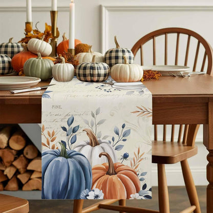 Fall Table Runner 13X48 Inches Long Blue Pumpkin Table Runners Floral Leaves Cotton Linen Autumn Harvest Dresser Scarf Kitchen Dining Table Decor for Thanksgiving Holiday Party Coffee Indoor Outdoor8