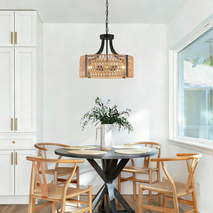 Farmhouse Chandeliers for Dining Room, 5-Light 17.7”Rattan Light Fixture with Wicker Lampshade Hand Woven Boho Chandelier for Kitchen Island, Living Room, Bedroom(E26 Bulbs Not Included)6