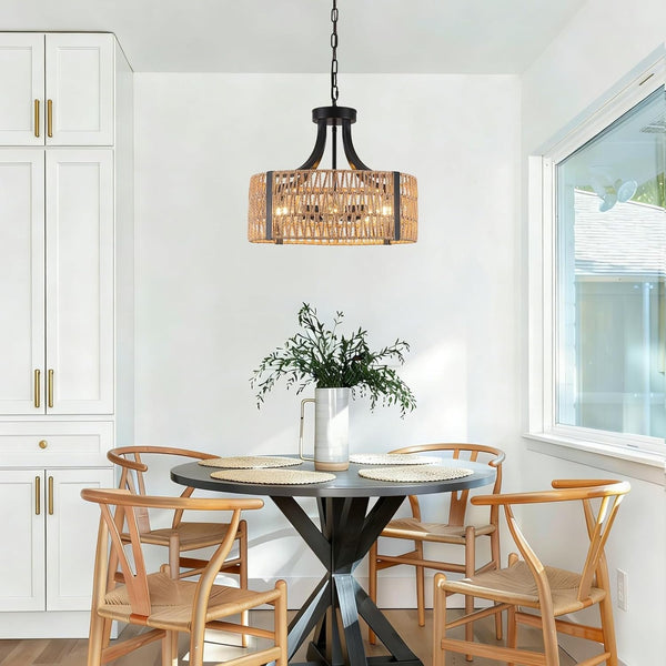 Farmhouse Chandeliers for Dining Room, 5-Light 17.7”Rattan Light Fixture with Wicker Lampshade Hand Woven Boho Chandelier for Kitchen Island, Living Room, Bedroom(E26 Bulbs Not Included)6