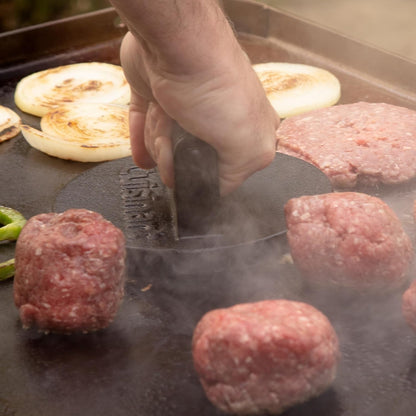 Smash Burger Press, Cast Iron, 6.5" round Burger Smasher | Hamburger Press with round Flat Edge for Crispy Carmelization, the Go-To Grill Press for Indoor and Outdoor Cooking, CISB-1116