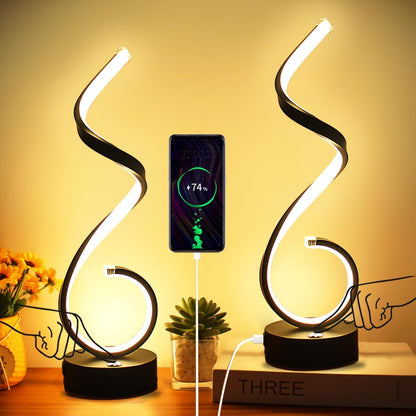 Modern Spiral LED Table Lamp Set of 2, 10W Touch Control Table Lamp with USB Charging Ports, Dimmable 3 Color Modes Bedside Nightstand Desk Lamp Light for Bedroom, Living Room, Office -Black1