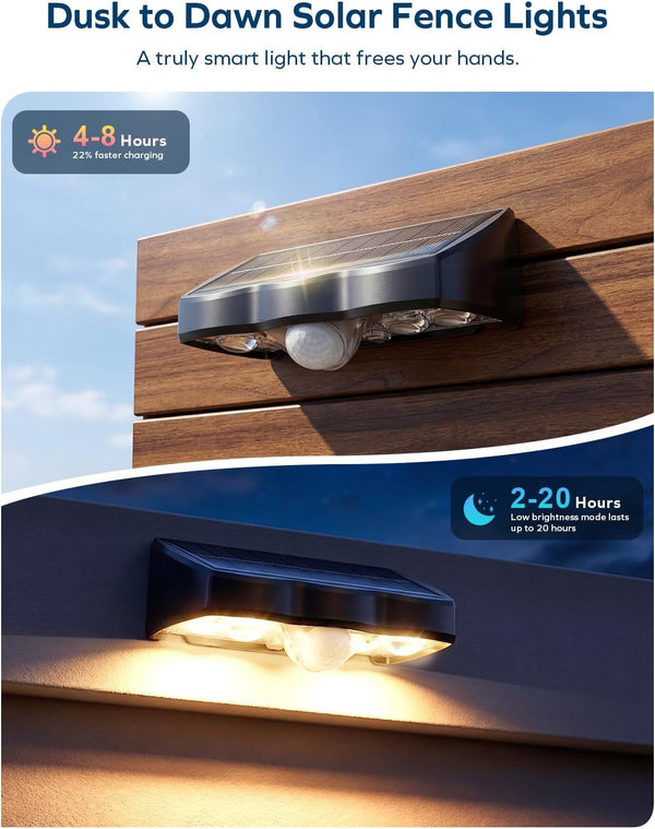 Solar Fence Lights Outdoor with Motion Sensor, 8 Pack Warm White Fence Lights Solar Powered 3 Modes IP65 Waterproof Dusk to Dawn Outdoor Lights for Patio Deck Wall Backyard Garden Decorative5