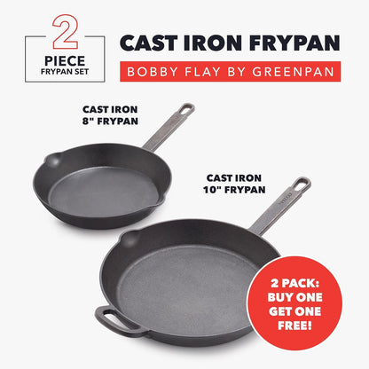 X Bobby Flay 2 Pack (8" & 10") Pre-Seasoned Cast Iron Skillet Set | Natural Nonstick with Use, Heavy Duty, Induction & All Stovetop Compatible, High Heat & Oven Safe, Indoor/Outdoor3