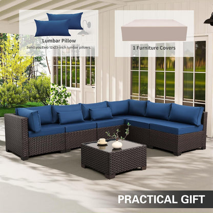 Outdoor Patio Furniture Set 7 Pieces Wicker Sectional Sofa Brown Rattan Conversation Couch with Coffee Table, Anti-Slip Thick Nave Blue Cushion2