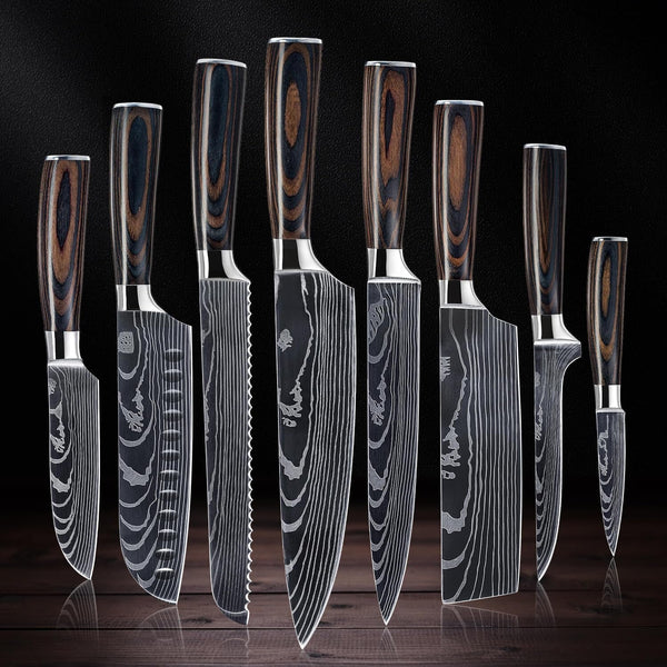 SENKEN 8-Piece Premium Japanese Kitchen Knife Set with Laser Damascus Pattern - Imperial Collection - Chef'S Knife, Santoku, Bread, Paring & More, Ultra Sharp for Very Fast Cutting1