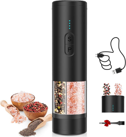 2 in 1 Electric Salt and Pepper Grinder Set, USB Rechargeable, Automatic Salt and Pepper Mill Shakers with Battery Display, LED Light, Adjustable Coarseness Ideal for Kitchen Gift(Black)1