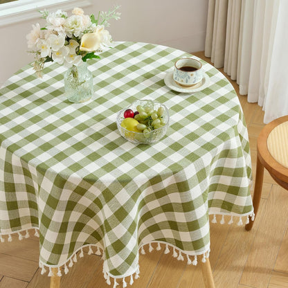 Round Gingham Tablecloth 60Inch, Cotton Linen Style, Green2