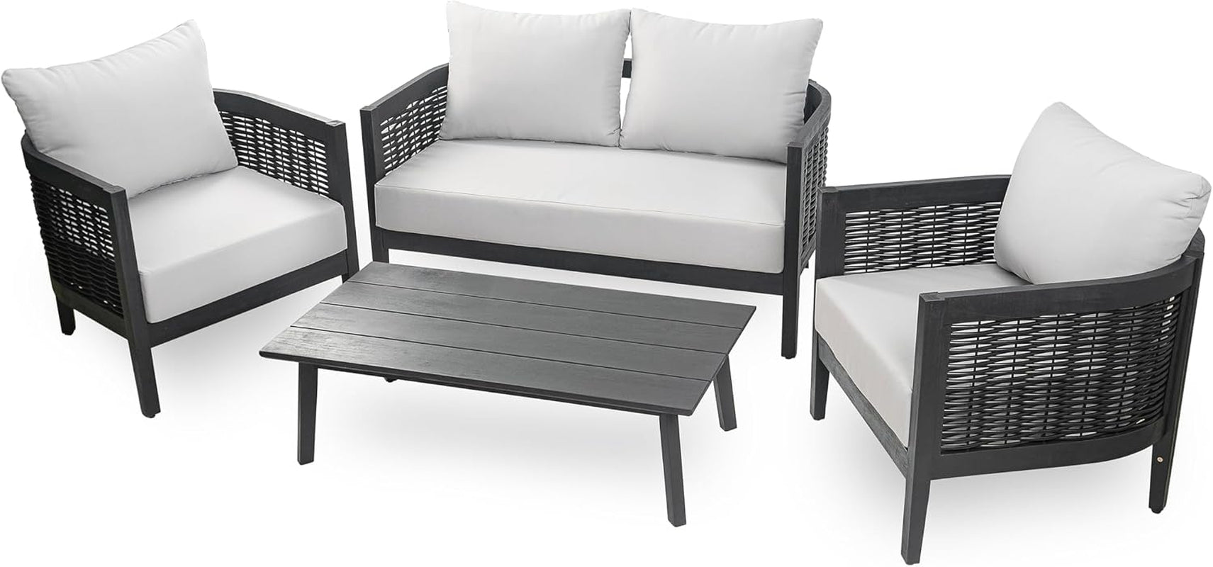 peron-patio-4-seater-conversation-set-sofa-loveseat-2-club-chairs-coffee-table-cushion-back-pillows-acacia-wood-wicker-garden-backyard-poolside-black-light-grey