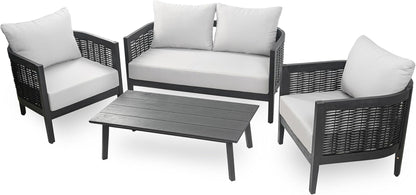 Peron Patio 4-Seater Conversation Set, Sofa/Loveseat, 2 Club Chairs, Coffee Table, Cushion+Back Pillows, Acacia Wood+Wicker, Garden, Backyard, Poolside, Black + Light Grey5