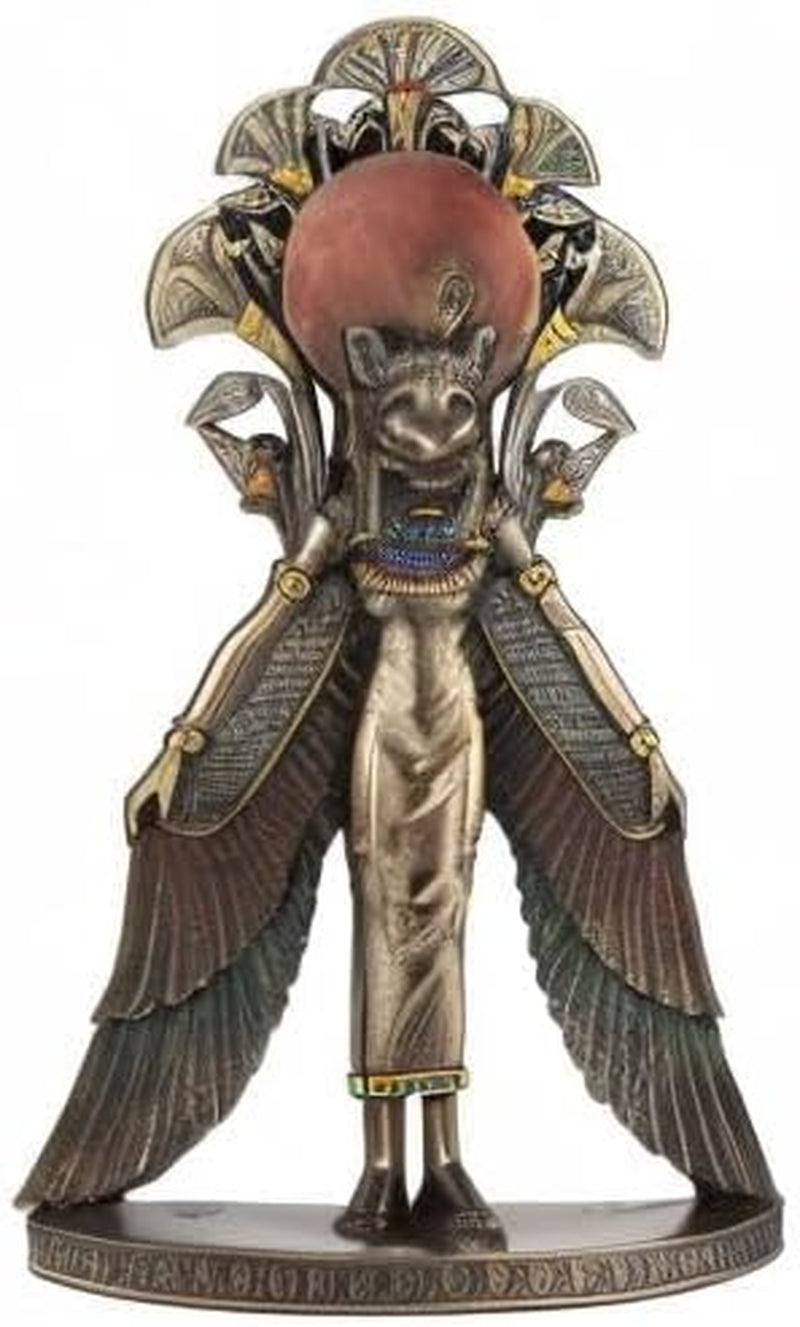 sekhmet-winged-egyptian-warrior-goddess-wall-art-statue-cold-cast-bronze-resin-blue-and-red-accents-lion-head-keyhole-hanger-for-wall-display