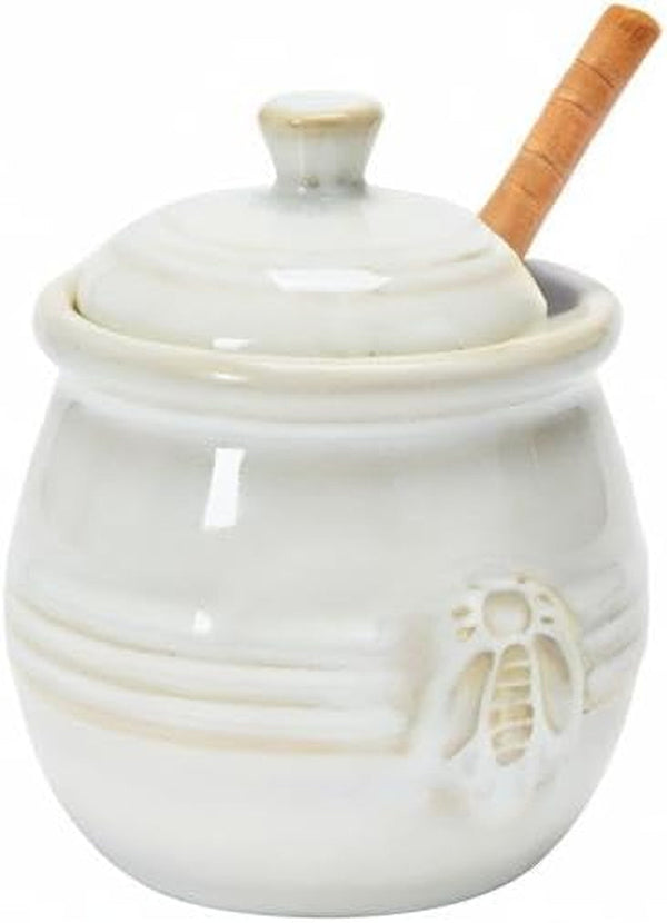 Creative Co-Op Farmhouse Embossed Stoneware Honey Pot with Wood Honey Dipper, White7
