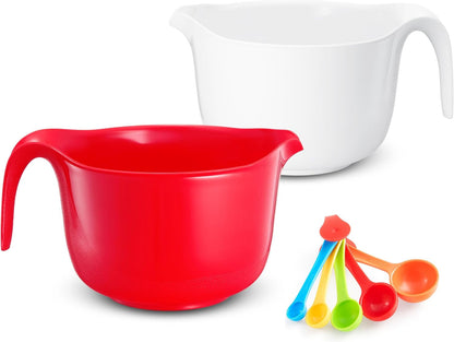 Large Mixing Bowls with Handles 3.6 Qt - 2 Pc Plastic Nesting Bowls for Kitchen, Lightweight Batter Bowls, Easy to Clean + 5 Measuring Spoons Set1