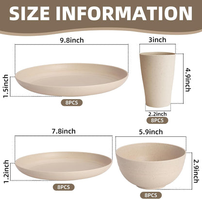 32 Pcs Wheat Straw Dinnerware Set for 8, Cream Reusable Plates and Bowls Set, Microwave Safe Lightweight Unbreakable Dishes Set for Kitchen, Camping, Outdoor, RV2
