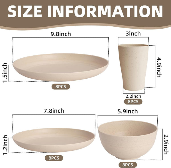 32 Pcs Wheat Straw Dinnerware Set for 8, Cream Reusable Plates and Bowls Set, Microwave Safe Lightweight Unbreakable Dishes Set for Kitchen, Camping, Outdoor, RV2