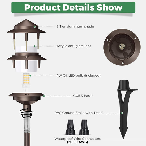 Pagoda Low Voltage Landscape Pathway Lights, 12V Outdoor LED Path Lights Wired, Aluminum Walkway Lighting with 4W 2700K Replaceable G4 Bulb, Bronze Classic 3-Tier Lantern, 6 Pack3