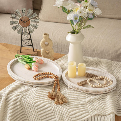 Farmhouse Oval Wooden Decorative Trays Set of 2, Distressed White Solid Wood Beaded Trays for Coffee Table, Kitchen Counter, Ottoman & Dining Table Centerpiece Decor2