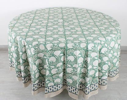 Turquoise Moss Green 100% Cotton Boho Square Fall Tablecloth, Handblock Floral Print Linen for Kitchen Dining I Parties, Outdoors, Weddings, Christmas, Thanksgiving Décor 132" Inches Round2