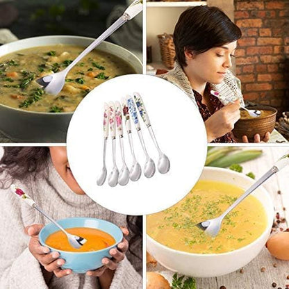6 Pack Stainless Steel Coffee Spoon Ceramic Handle Teaspoon Sugar Ice Cream Desert Spoon Stirring Soup Tableware6