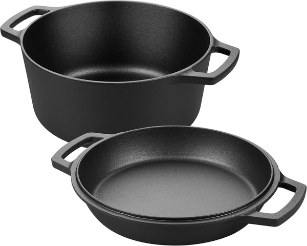Pre-Seasoned Cast Iron Double Dutch Oven Pot with Skillet Lid, Dual-Handle, for Bread Baking, Outdoor, Campfire Cooking, 5 Quart2