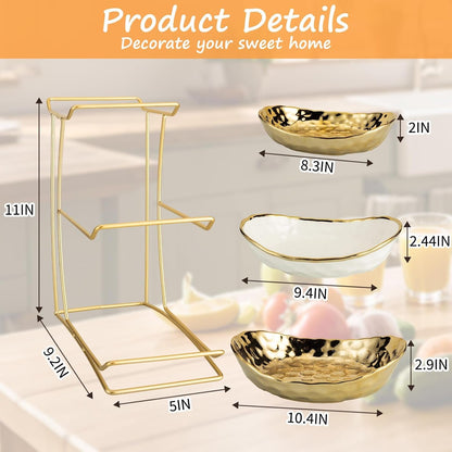 3 Tier Ceramic Fruit Bowl for Kitchen Counter with Metal Rack, Fruit Basket with Stand, Porcelain Bowls for Vegetable Bread Candy Snack Nuts Dessert Cake Tray (Gold 3 Layer)2