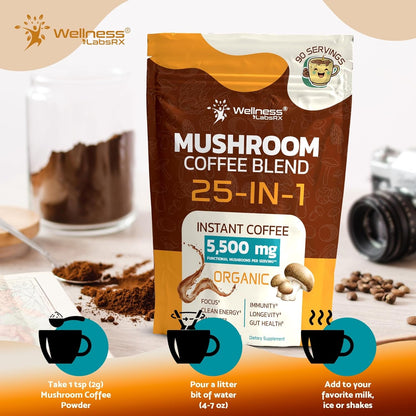 Organic Mushroom Coffee Instant, 25-In-1 Lions Mane & Reishi, 90 Servings | Keto Friendly, Third Party Tested Chaga Cordyceps & Shiitake Functional Blend, Smooth Rich Taste, Gut & Focus Support, 1 Pack6