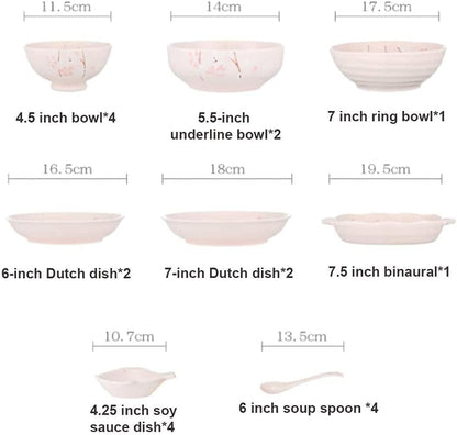 20 Pieces Dinnerware Set, Patterned Porcelain Japanese Cherry Blossom Dinner Set with Bowl Soup Plate, Service for 67