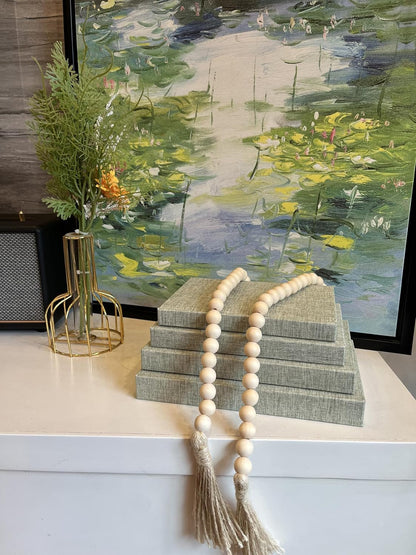 Linen Decorative Books for Home with Wood Beaded Tassel, 4-Piece Sage Set | Coffee Table Books, Neutral Linen Decor, Rustic Farmhouse Boho Accent, Bookshelf Fireplace Mantel Living Room Display3