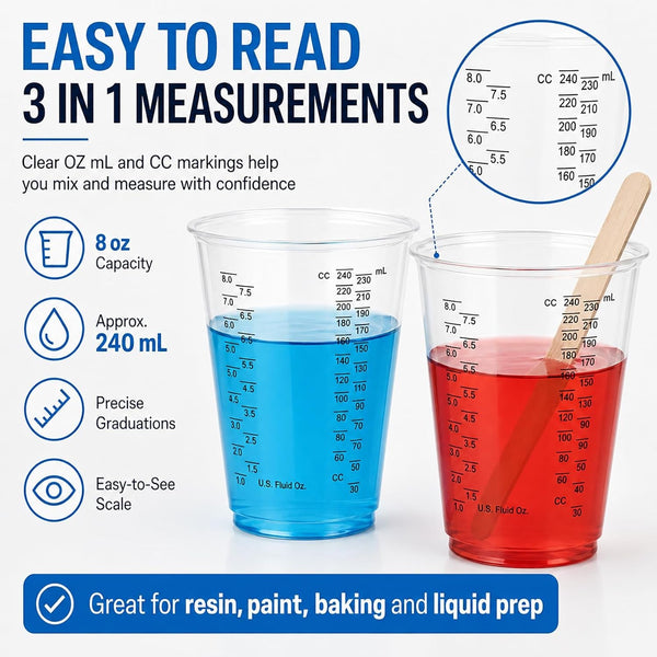 Plastic Measuring Cups with Mixing Sticks, 8 Oz Clear Cup, 50 Pack3