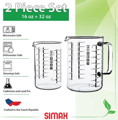 Glass Measuring Cup, Durable Borosilicate Glass, Pack of 2 Includes 32 Oz and 16 Oz Easy to Read Metric Measurements in Liter, Milliliter, Ounce, Sugar Grams, Drip Free Spout, Microwave Safe3