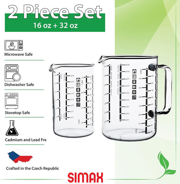 Glass Measuring Cup, Durable Borosilicate Glass, Pack of 2 Includes 32 Oz and 16 Oz Easy to Read Metric Measurements in Liter, Milliliter, Ounce, Sugar Grams, Drip Free Spout, Microwave Safe3