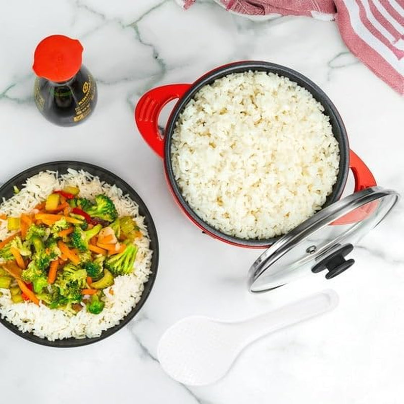 electric-mini-multi-cooker-pot-red-1-qt-ceramic-non-stick-rice-cooker-260w-with-glass-lid-measuring-cup-and-spatula