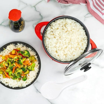 Electric Mini Multi-Cooker Pot, Red, 1 Qt Ceramic Non-Stick Rice Cooker, 260W with Glass Lid, Measuring Cup and Spatula5
