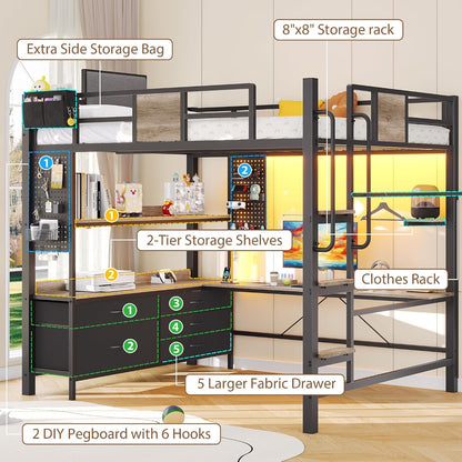 Full Loft Bed with Desk and 5 Storage Drawers, Oak Gray3