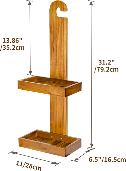 Teak Hanging Shower Caddy with Hooks, Shower Organizer over Head4