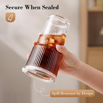 20Oz Iced Coffee Cups with Lids, Ribbed Glass Cups with Lids and Straws | Thick Reusable Glass, Leak-Resistant Lids, Fits Most Car Cup Holders, for Iced Coffee, Tea, Smoothies and Cold Drinks2
