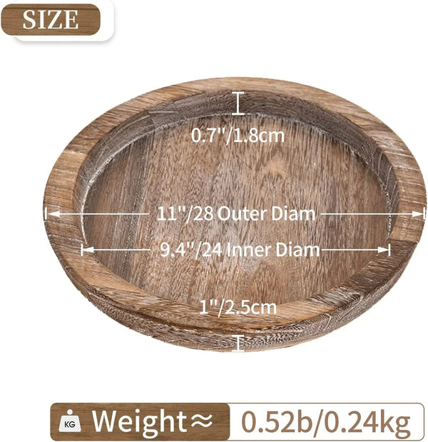 Wooden Tray for Coffee Table, Decorative round Candle Holder Plate | 11.2" Vintage Dining Table Centerpiece, Rustic Farmhouse Home Decor Serving Tray, Brown3