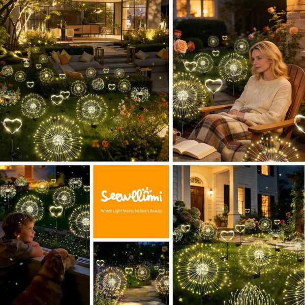 Solar Garden Lights Outdoor Decor Waterproof, 4Pack 120LED Firework Lights for Garden Decorative, Fairy Lights Solar Powered for Yard, Patio,Pathway,Flowerbed,Planter,Party(Warm White)4